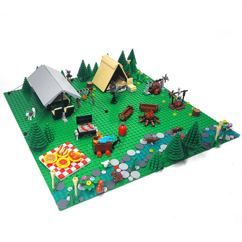 MOC Bausteine Camping Picknick Ausrüstung Zelt Camp Licht Grill Eierkuchen Tisch Klappstuhl Bausteine Spielzeug