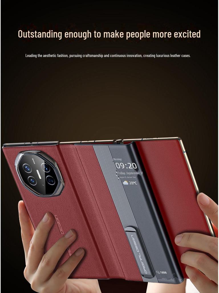 Husă din piele pentru Huawei MateXT: Pliere în trei, din piele naturală de vită Nappa, cu model perforat, cu fereastră inteligentă și suport.