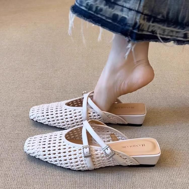 Simple Square Head Woven Hollow Wedge Heel Sandals Women's 2025 Summer Versatile Outer Wear Cross Buckle Bag Head Slippers Women