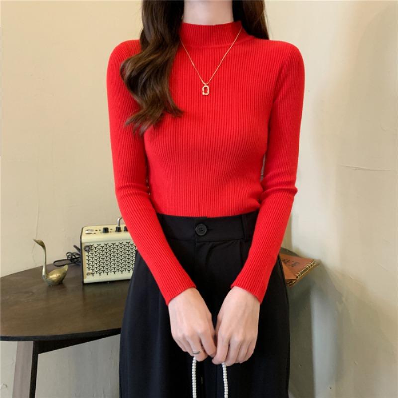 Fashion Solid Half High Neck Knitted Sweater Women Slim Fit Casual Elegant Pullover Sweaters Autumn and Winter Long Sleeve Knitwear Sweater Tops 24841
