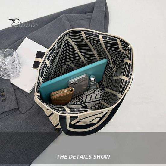 Women Shoulder Bag Wave Braided Texture Contrast Color Large Capacity Open Design Lightweight Portable Handbag for Daily Travel Commuting