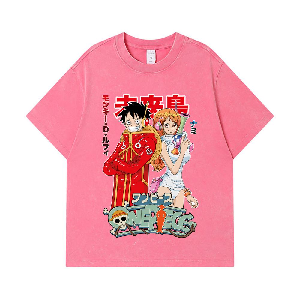275 GSM Washed T-shirts 100% Cotton One Piece V71 Luffy Nami Egghead Print Unisex Heavy Cotton T Shirt