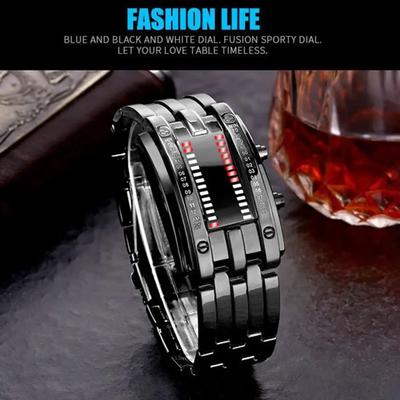 Montres de Sport à Bracelet LED Numérique Date pour Couple en Acier Inoxydable Noir Binaire Technologie Future Homme Femme
