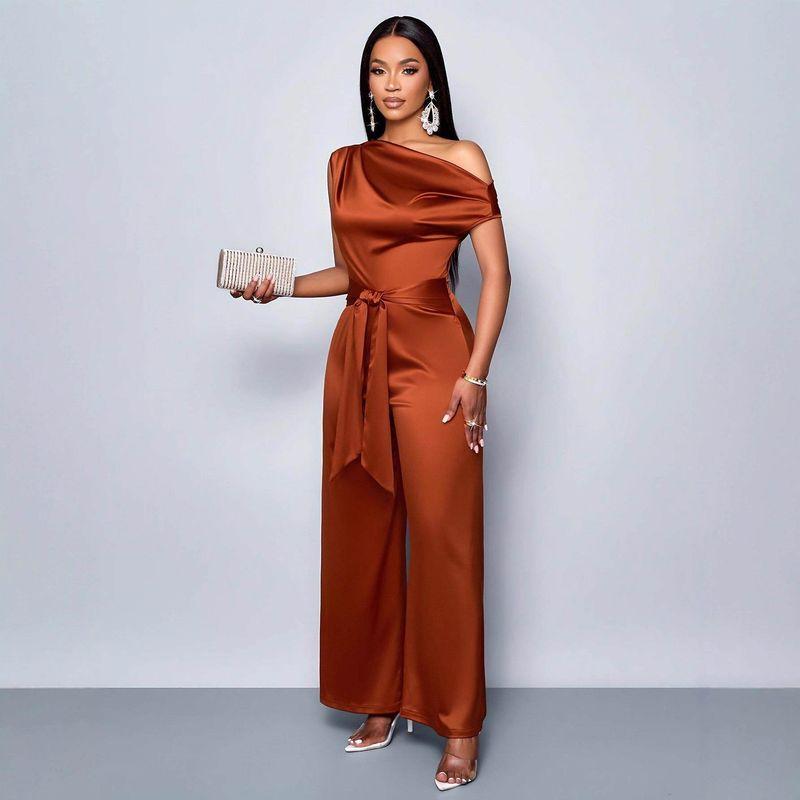 Solid Color Fashionable Slim Fit Waist Cinching Jumpsuit Light brown S