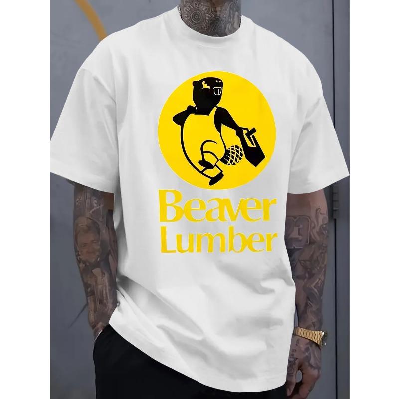 

European sizes Men s Street Style T-Shirt, Black and Yellow Cartoon Beaver with Tool Element Print, Casual Dating/Daily Outing Choice 4XL білий