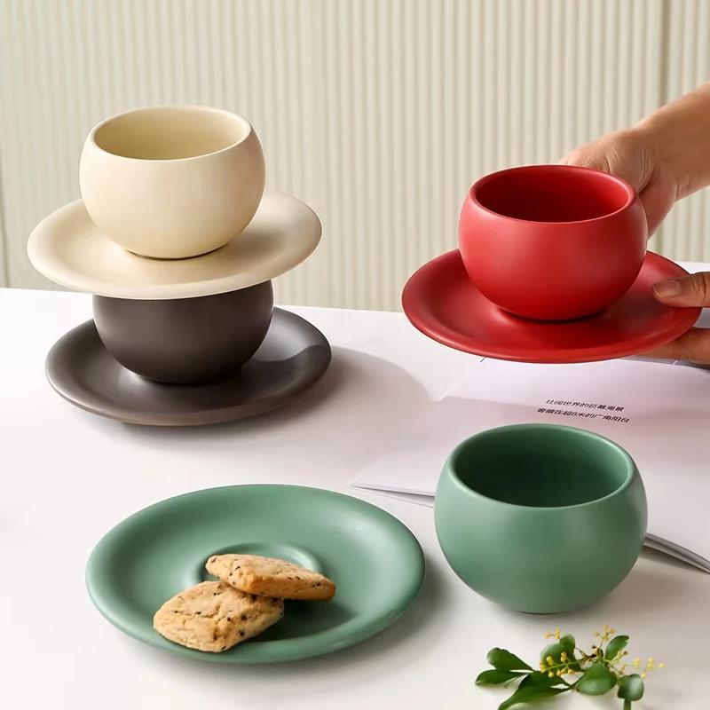 Vintage Egg-shaped Ceramic Coffee Cup And Saucer Set for Home Use - Light Luxury Simple Latte Art Embossed Cappuccino