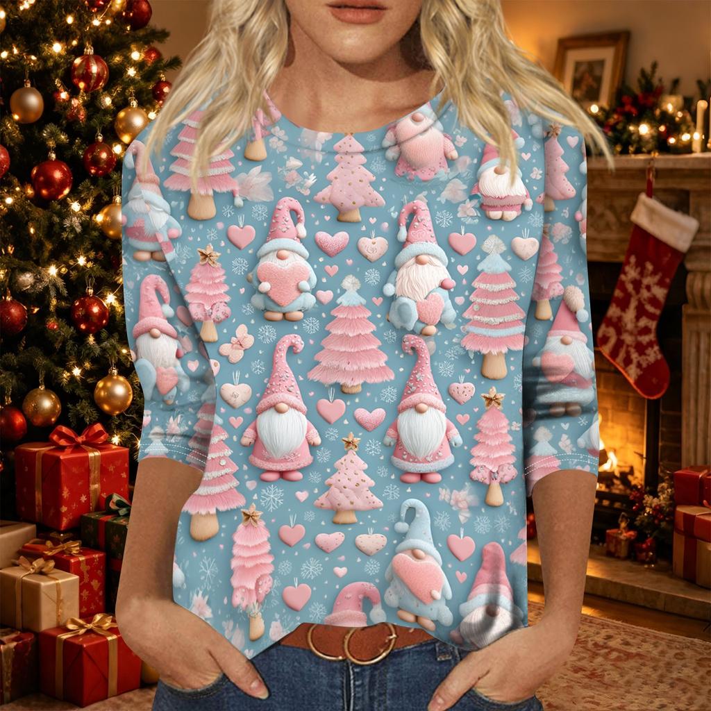 Women's Casual Christmas Printed Three-Quarter Sleeve Neck T-Shirt Tee Top