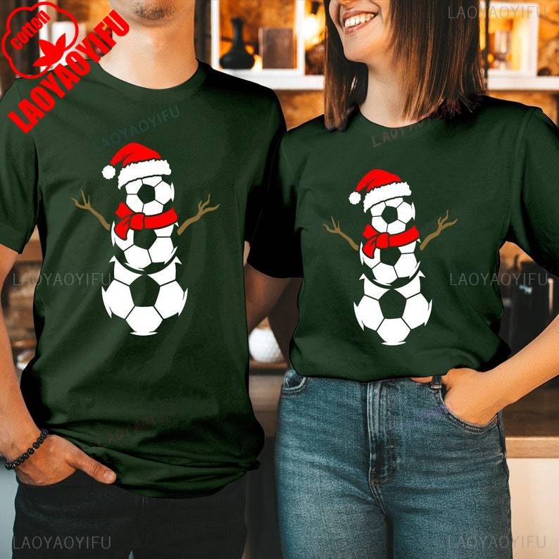 FOOTBALL SNOWUnisex Christmas Cotton TShirt Rudolph Reindeer Santa Hat Festival Gift Soccer Ball Costume Xmas Family Holiday Shirt