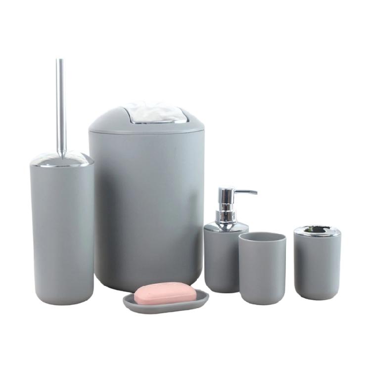Modern Bathroom Necessities Set Of 6 Plastic Items with Covered Trash Can Toothbrush Stand Toilet Brush For Family Hotel