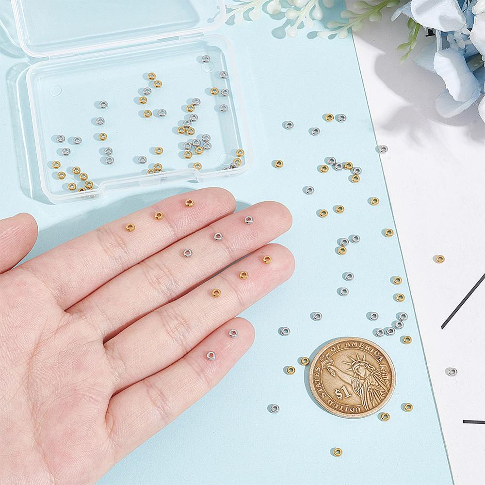 100Pcs 2 Colors 202 Stainless Steel Spacer Beads, Flat Round, Golden & Stainless Steel Color, 3x1.5mm, Hole: 1.2mm, 50pcs/color