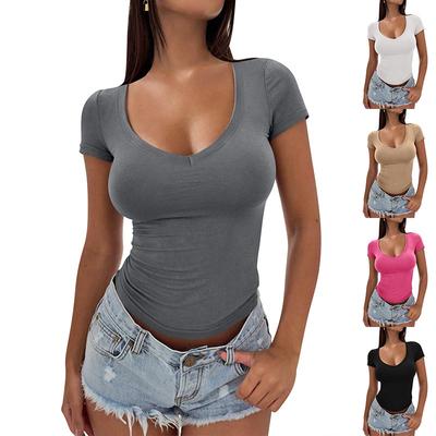 Women Fashion Slim Fit V Neck Short Sleeve Solid Cropped Casual T Shirt