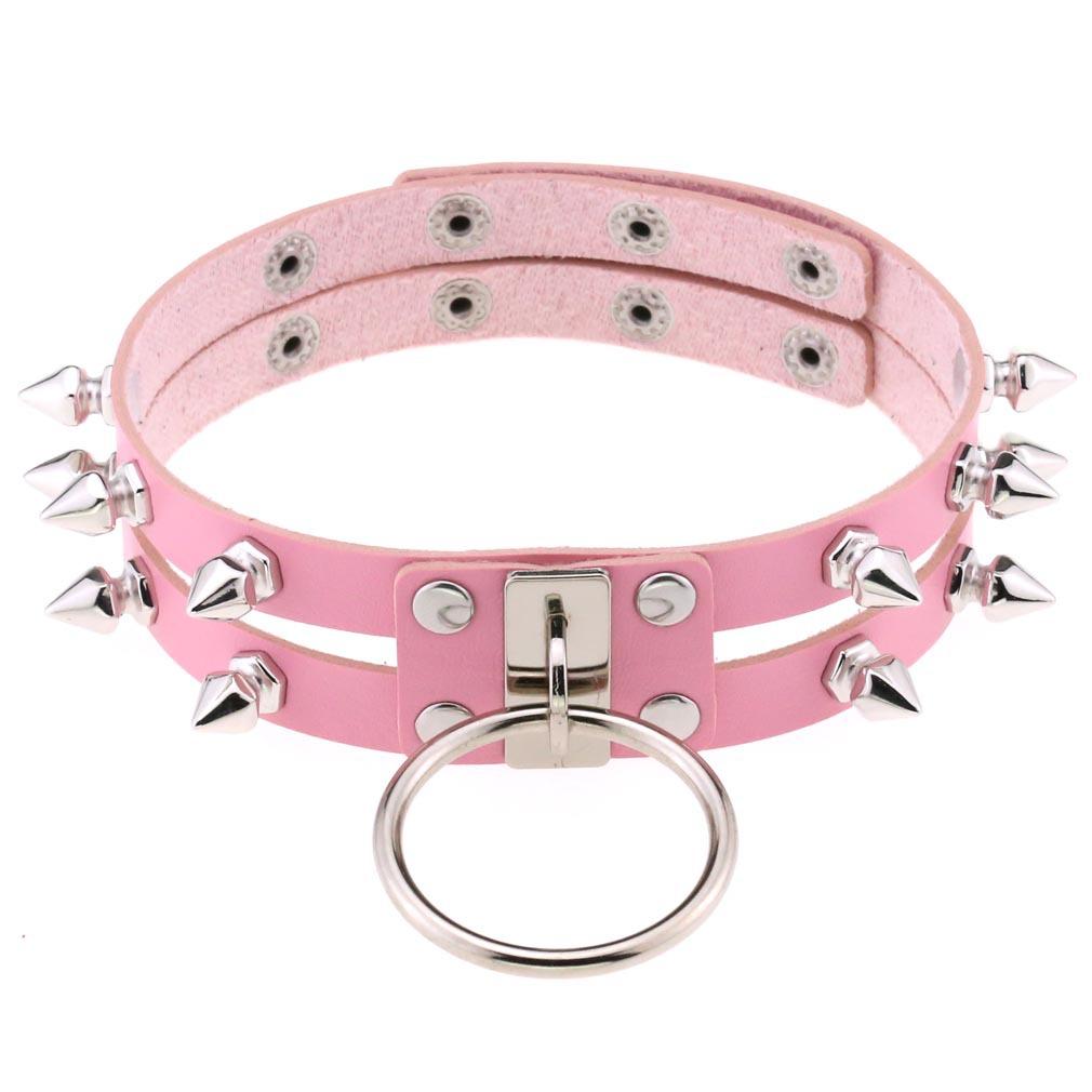 Double Line Rivet Spiked Choker, Cool Punk Hanging Ring Faux Leather Neckband