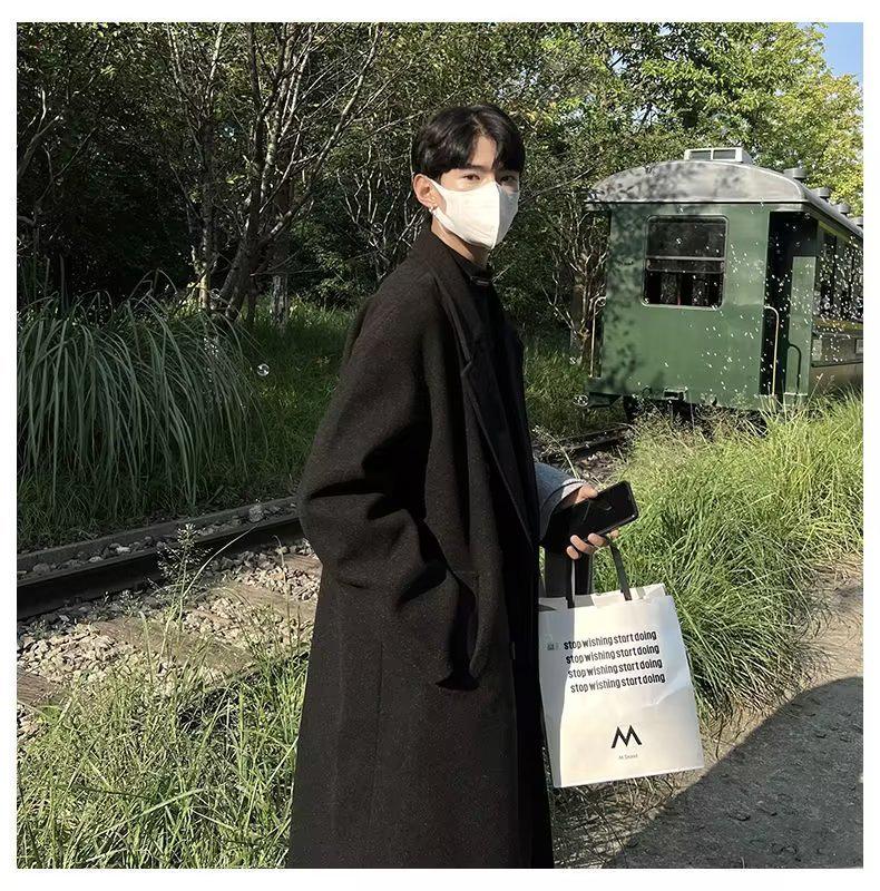 Herren Mittellanger Schwarzer Wollmantel - Verdickter Koreanischer Trenchcoat für Herbst und Winter