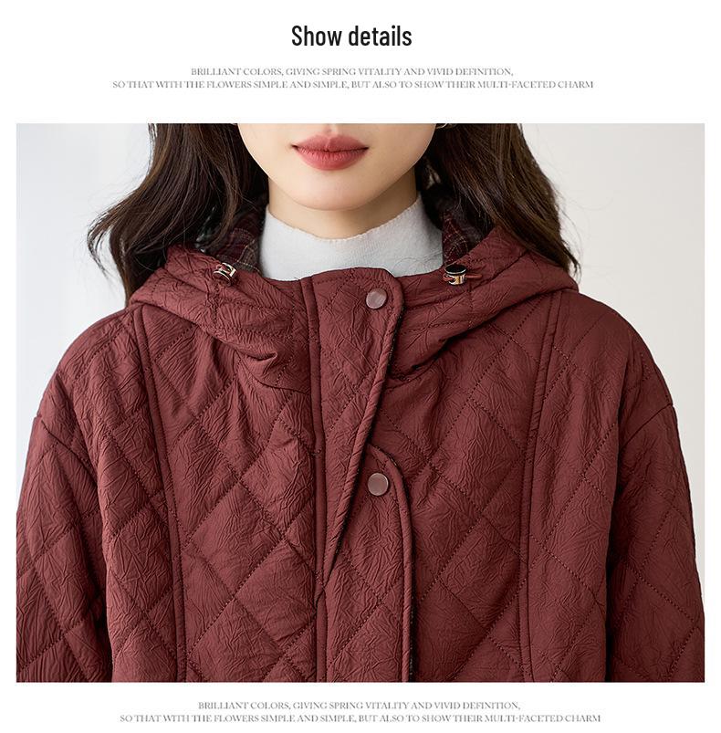 Women's 2024 Diamond Quilted Cotton Hooded Jacket - Autumn/Winter Short Fashion Plaid Patchwork Lightweight Coat