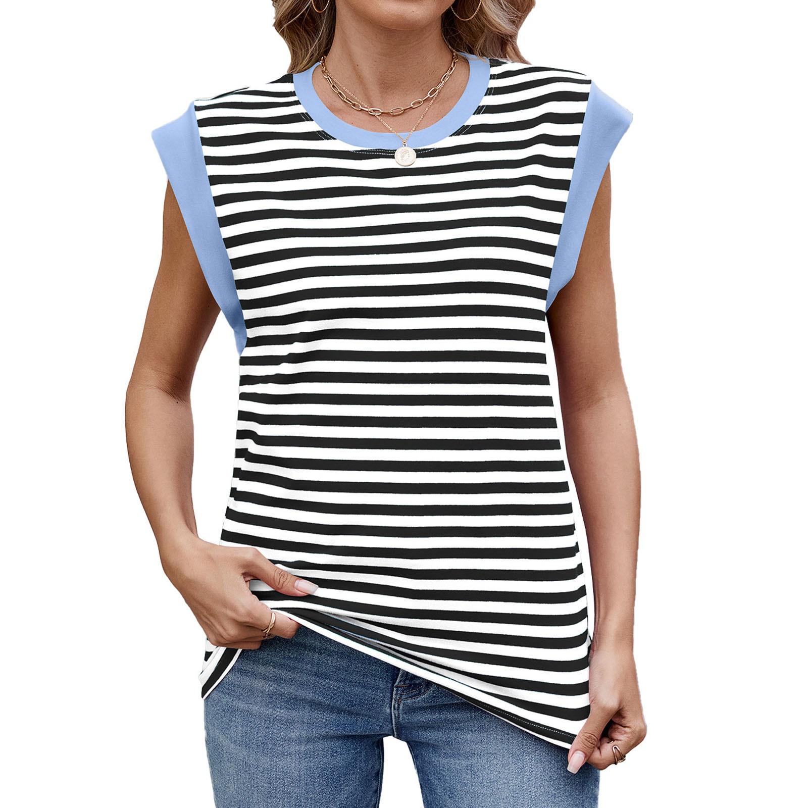

Женская свободная повседневная полосатая контрастная футболка с круглым вырезом и короткими рукавами L чёрный