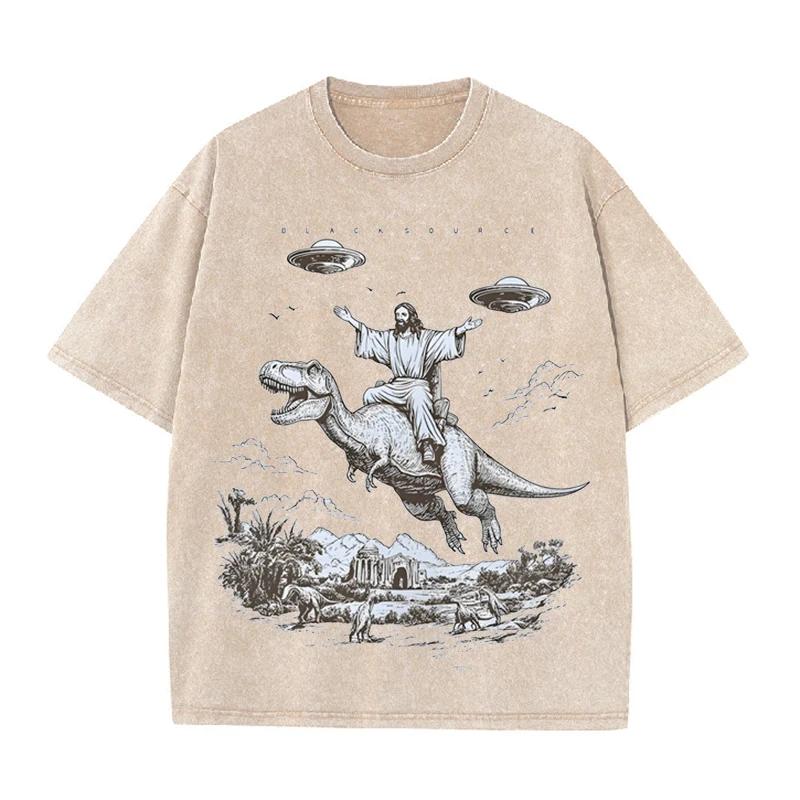 Jesus Riding Dinosaur UFO Print Vintage Washed Black T Shirt Streetwear Tee S