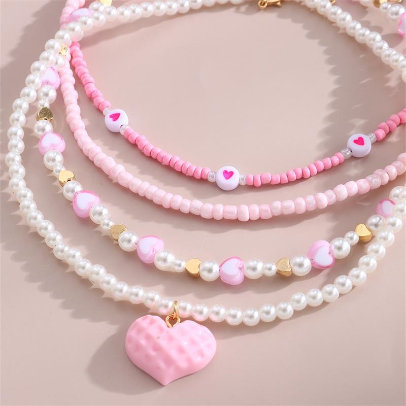 New Zircon Pink Love Butterfly Pendant Imitation Zircon Rice Beads Handmade Beaded Children Necklace Suit Good Friend Gift