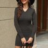 Herbst Winter Damen Kleid Strick Dick V-Ausschnitt Slim Fit Lange Ärmel Über Knie Länge Verdrehte Textur Reine Farbe Etui Büro Party Minikleid