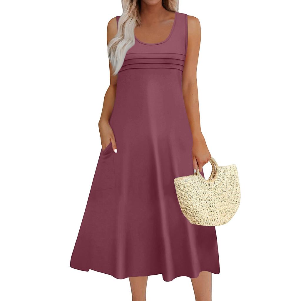 Women's Fashion Round Neck Sleeveless Pleated Beach Dress With Pockets Long Solid Color Dresses