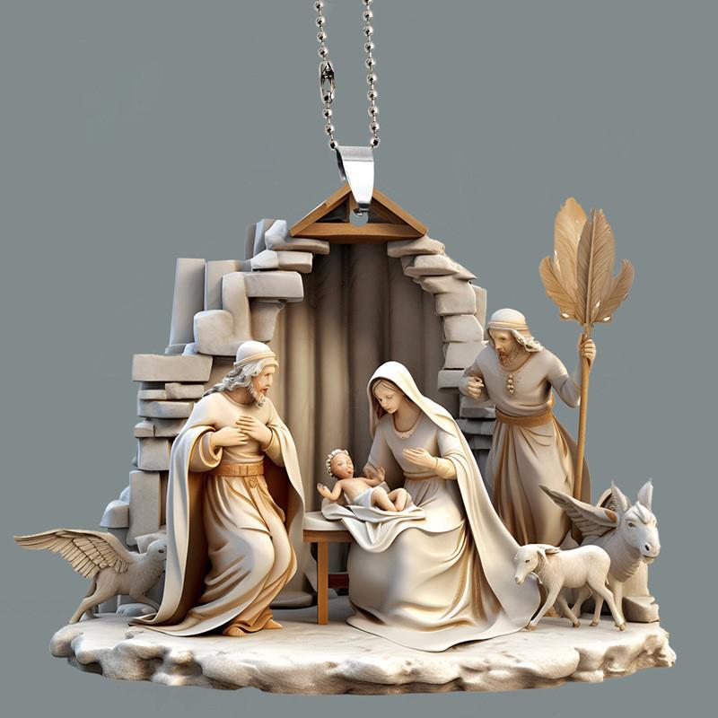 Christmas Tree Jesus Pendant Ornament Family Prayer Scene Pendant Bright Colored Car Decoration Pendant Home Decorations