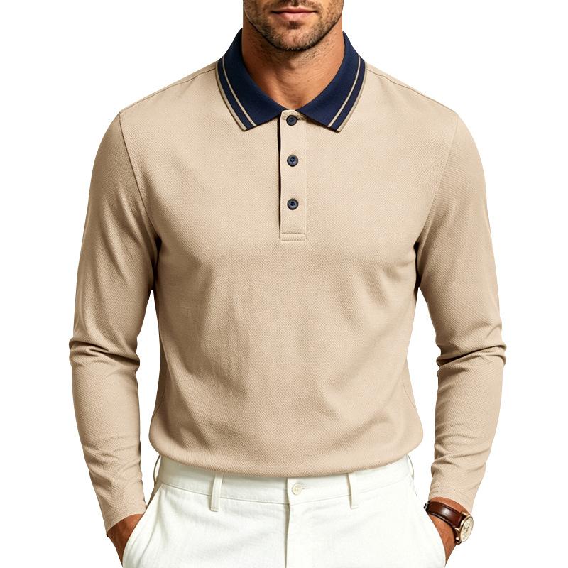 Autumn Mens Solid Long Sleeve Polo Shirt Contrast Striped Lapel Collar Button Placket Breathable Golf Casual Wear Tees