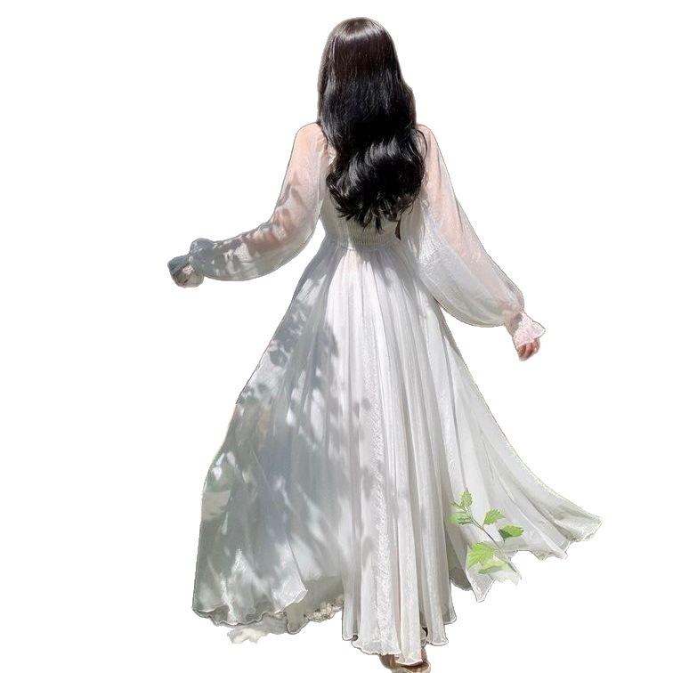 2026 Sanya Beach Resort Dress, White Chiffon, Large Hem, Extra Long, High-End Feel