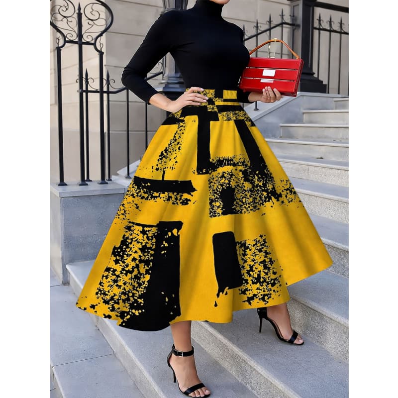 Elegancka i modna spódnica midi damska, casualowa sukienka midi z nadrukiem, modny wzorzysty nadruk, do biura/na relaks/na randkę/na imprezy/na kanapki