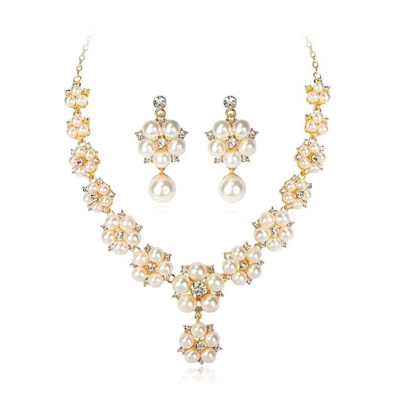 

^1Set Bride Necklace Earrings Set Faux Pearl Flower Rhinestone Luxury Women Girl Necklace Dangle Earrings Wedding Jewelry Gift