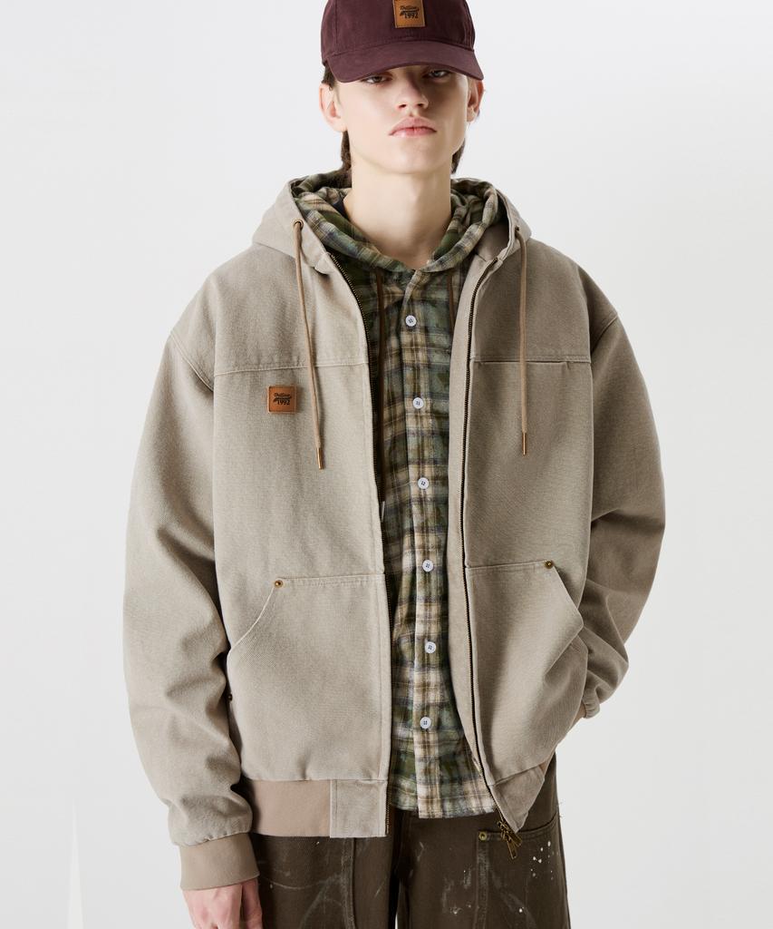 Trillion Vintage Washed Canvas Work Zip-Up Hoodie [Cream]
