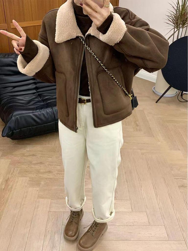 Women's European Shearling Lambswool Biker Jacket - High-End Turn-Down Collar, Autumn Winter Versatile Coat