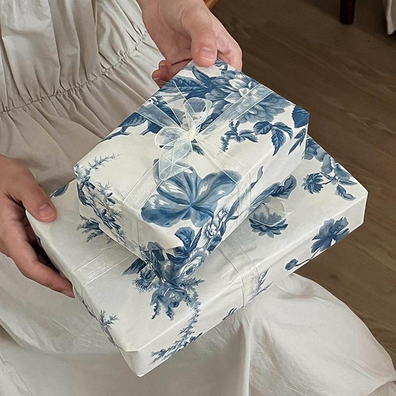 10Pcs Wrapping Paper For Flower Bouquet Present Packaging Latest Chinese Style Peony Blue Floral Arrangements Gifts Packaging Paper