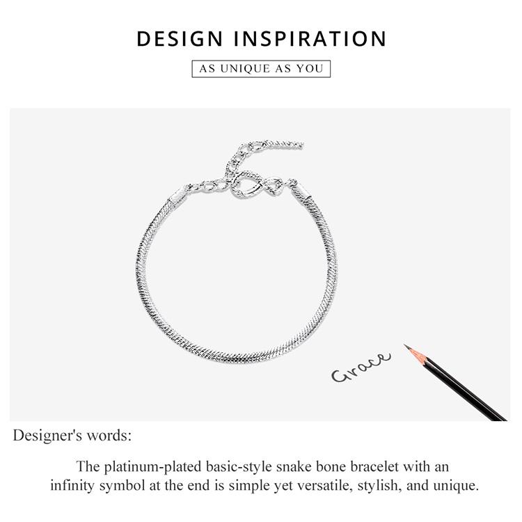 BAMOER 925 Sterling Silver Bracelet Simple Snake Bone An Infinity Symbol Plated Platinum Chain Bracelet Women Jewelry