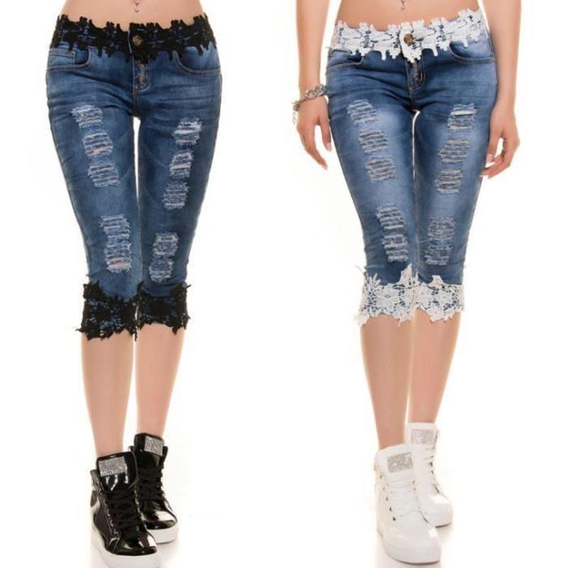 Stylish Women Jeans Lace Elastic Casual Big Size Cowboy Denim Shorts For Daily Wear