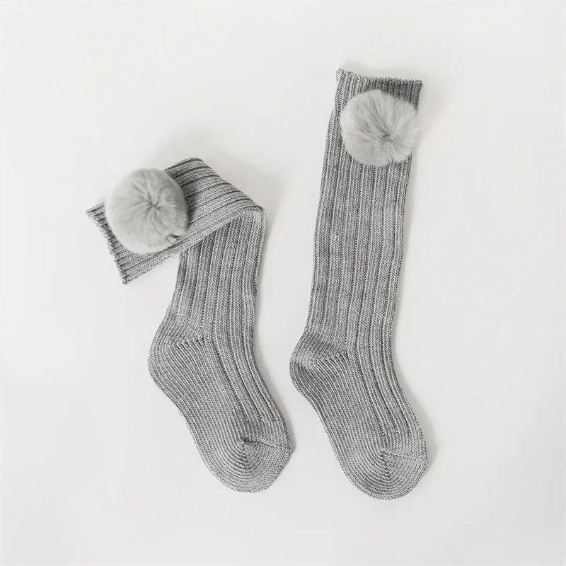 Kids Girls Socks Cotton Fur Ball Knee High Children's Socks For Girls Winter Warm Knitted Baby Stocking Age for 0-7Years