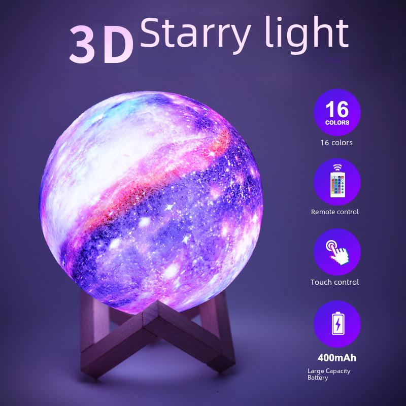 3D Moon Lamp with USB Charging, Remote Control, and Painted Planet Design - Creative Starry Sky Night Light Table Lamp.