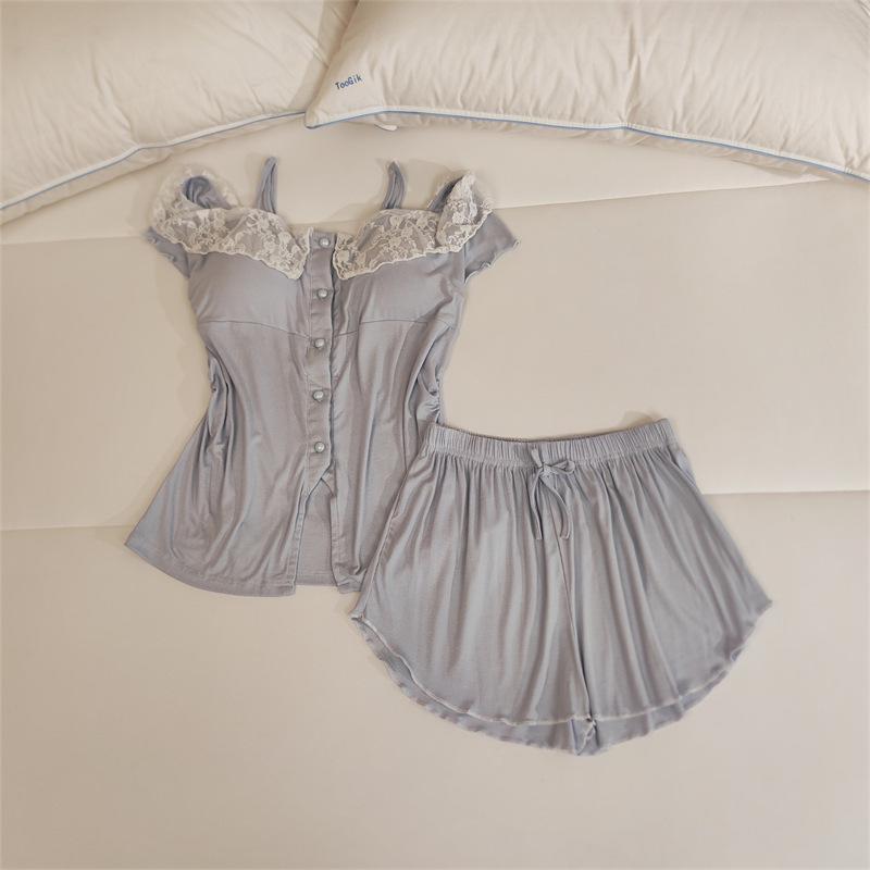 Women's Lace Camisole Sleepwear Set with Chest Pads - Sweet & Sexy Spring/Summer Homewear.