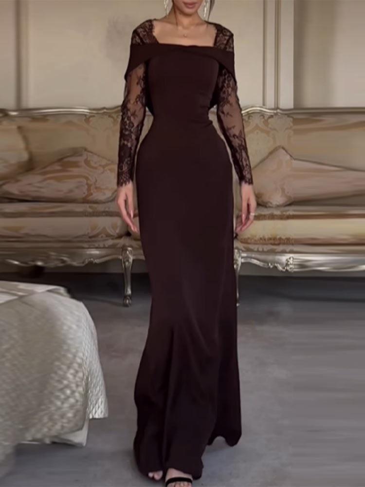 Women's Light Luxury Lace Splicing Square Neck Long Sleeve Dress Women's Waist Wrap Hips Skinny Long Dress