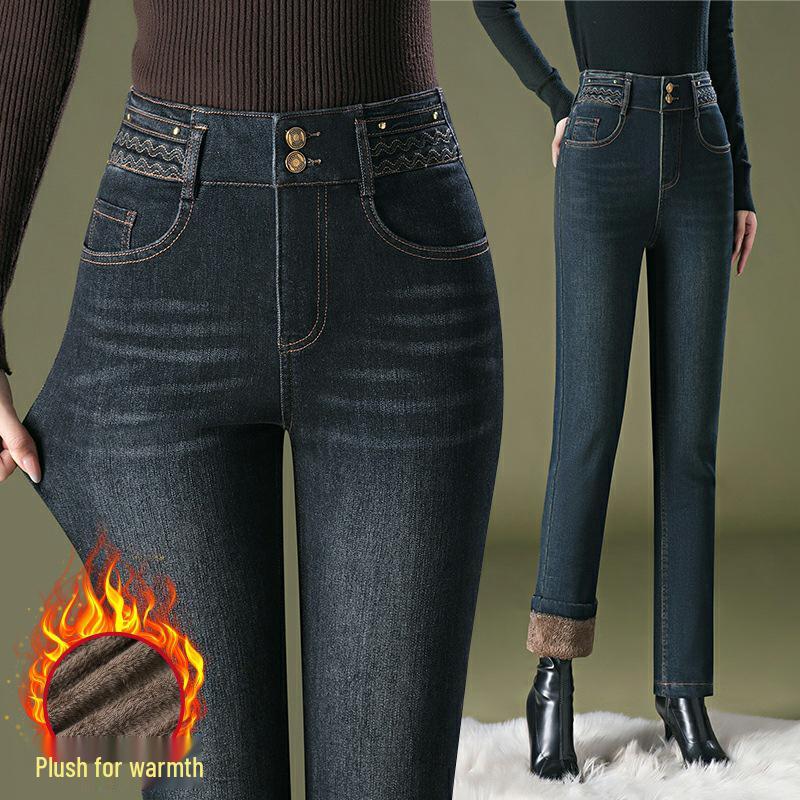 

High-Waisted Fleece-Lined Double-Breasted Jeans for Middle-Aged & Elderly Women 32