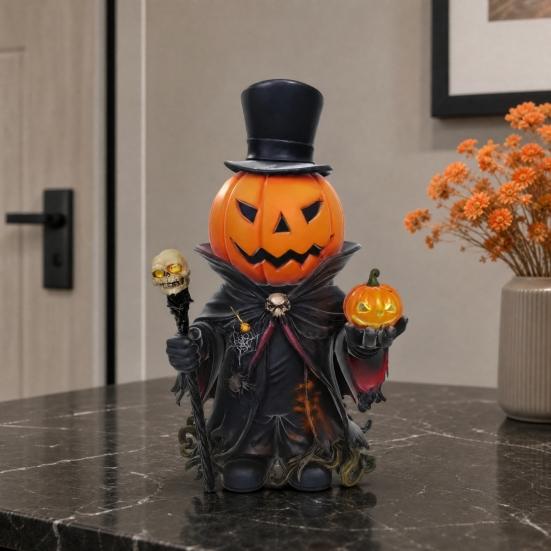 Skull Scepter Pumpkin Ornament with Cloak, Exquisite Resin Pumpkin Head Decorations, Pumpkin Gentleman Holding Small Pumpkin & Scepter Figurine for