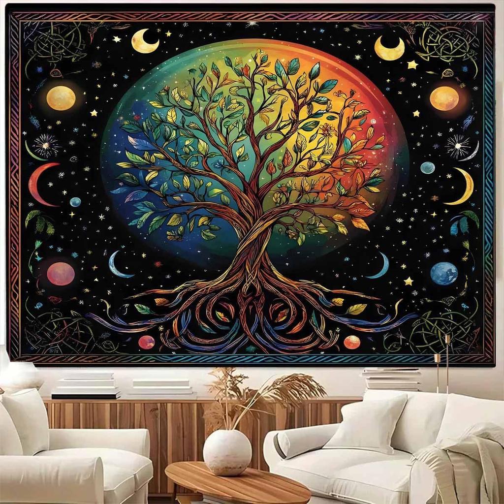 Moon Phase Tree Of Life Tapestry Moon And Sun Boho Spiritual Aesthetic Wall Hanging Backdrop Blanket For Bedroom Living Room