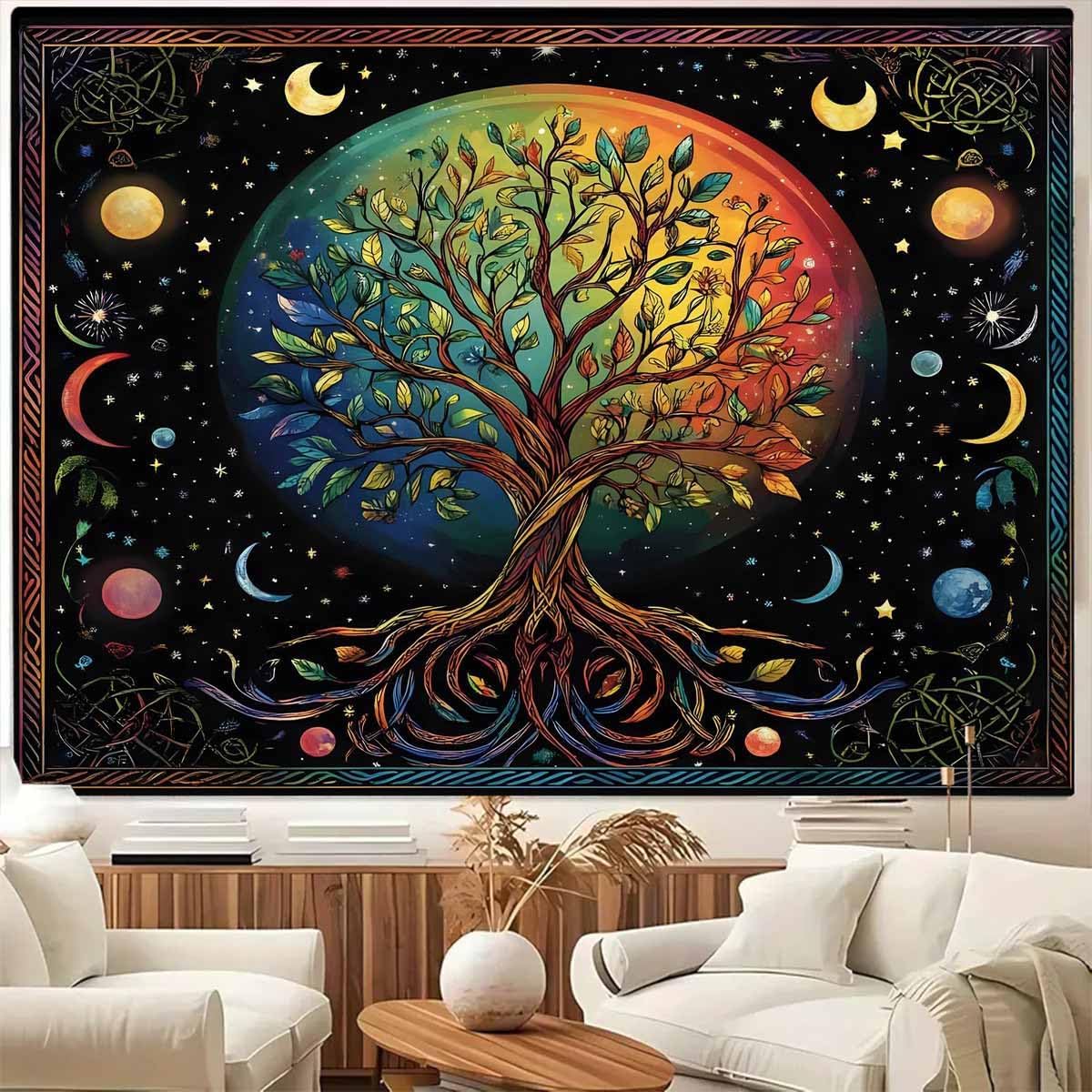 FENDROM Moon Phase Tree of Life Tapestry Galaxy Sun and Moon Flower Plant Tapestries Boho Mandala Spiritual Aesthetic Wall Hanging Backdrop Blanket fo 100X70CM