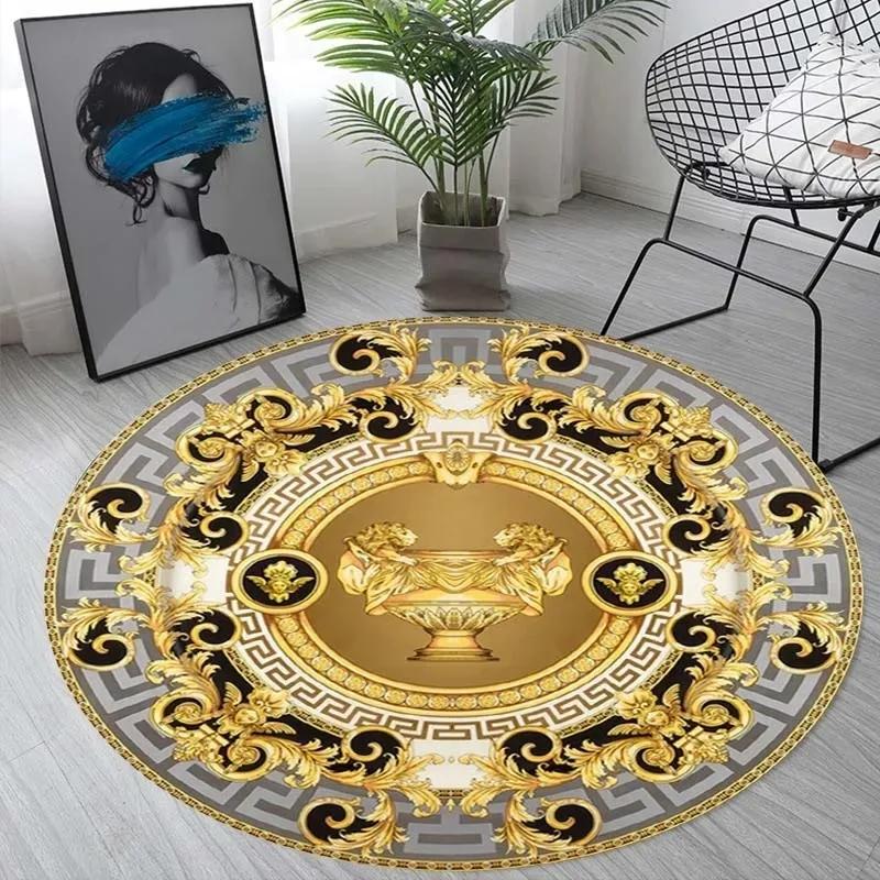 Nordic Retro Gold Printed Round Sponge Carpet Living Room Bedroom Mat Home Bathroom Non-slip Floor Mats Decoration