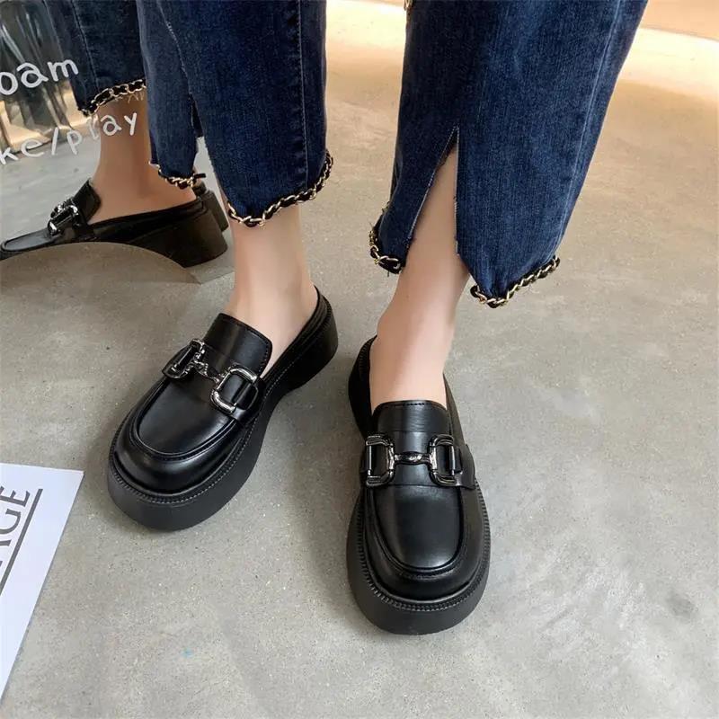 thick-soled bag head half slippers women's summer wear 2025 new small leather shoes one pedal retro British loafers