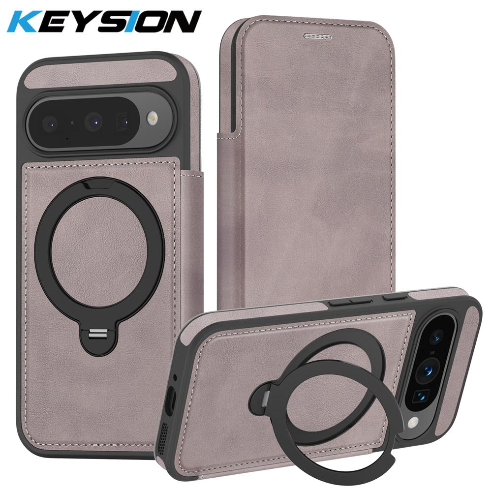 

KEYSION PU Leather Flip Wallet Case for Google Pixel 9 10 Pro XL 9 8 Pro 9A 10A Cards Slots Magnetic 360 Ring Stand Phone Cover for Pixel 8 Pro сірий