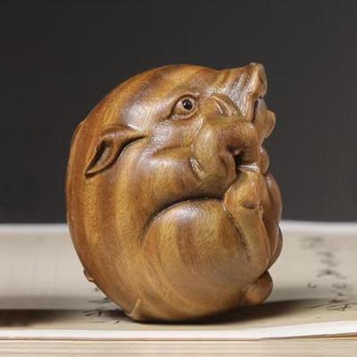 Wild Boar Green Sandalwood & Cypress Carved Ornament - Wooden Cultural Plaything, Size: 5.4×4.5×4