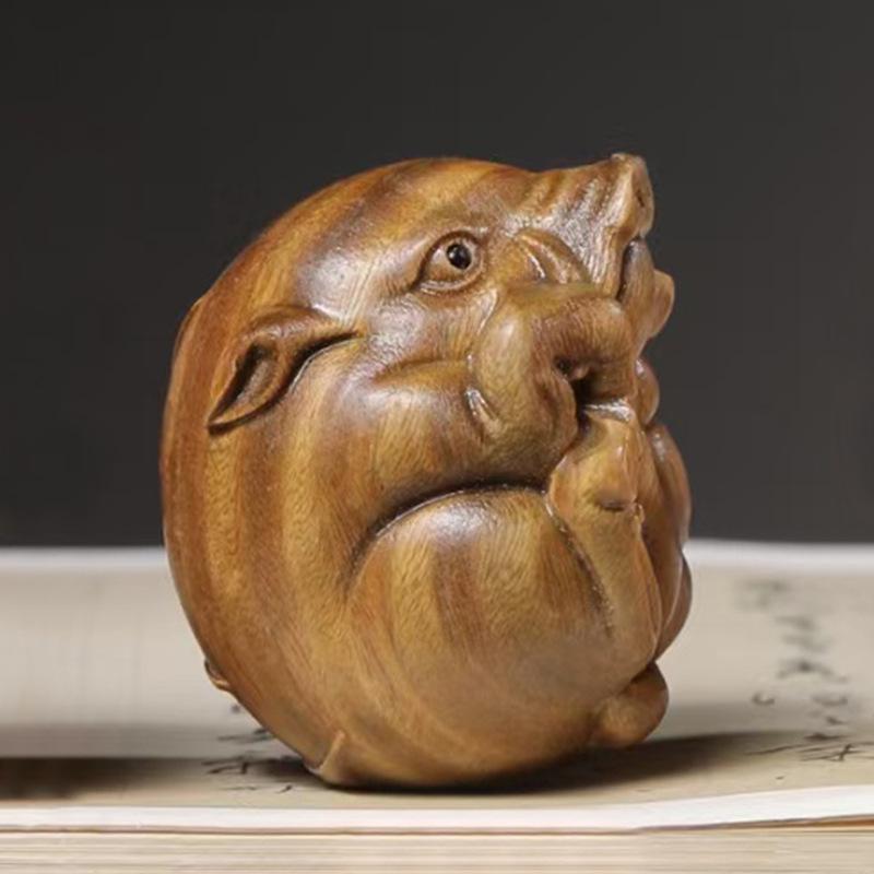 Wild Boar Green Sandalwood & Cypress Carved Ornament - Wooden Cultural Plaything, Size: 5.4×4.5×4