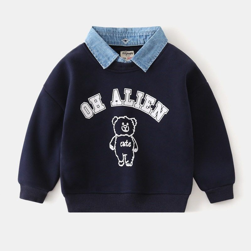 Kids False Two-Piece Sweaters Fleece-lined Children's Clothing Boys' Denim Collar Polo Tops Boys' Polar Fleece Lapel Clothes
