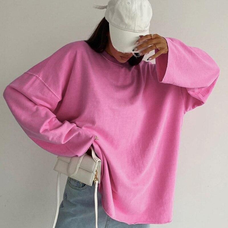 Moda Allentato Girocollo Manica Lunga Rosa T-shirt da Donna Strada Solido Pullover Donna Magliette 2023 Autunno Signore Magliette Magliette e camicette 29355