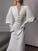 2024 Autumn Women's Solid V-Neck Waist-Tie Slimming Long-Sleeve Elegant Dress