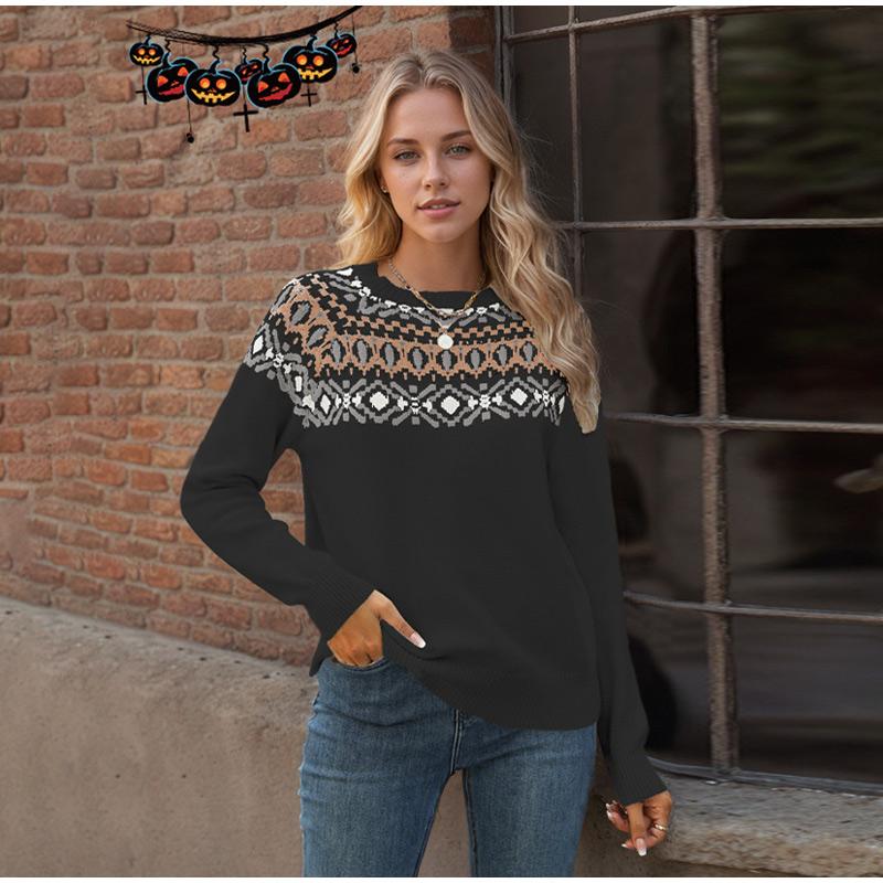 Höst Vinter Vintage Dam Stickad Tröja Patchwork Slim Dam Pullover
